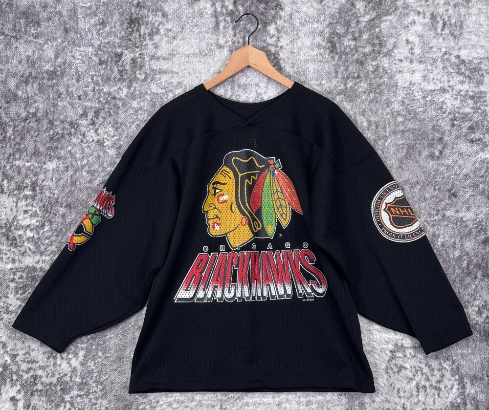Vintage CCM Chicago Blackhawks Jersey Small Mens Black Mesh Graphic 1993